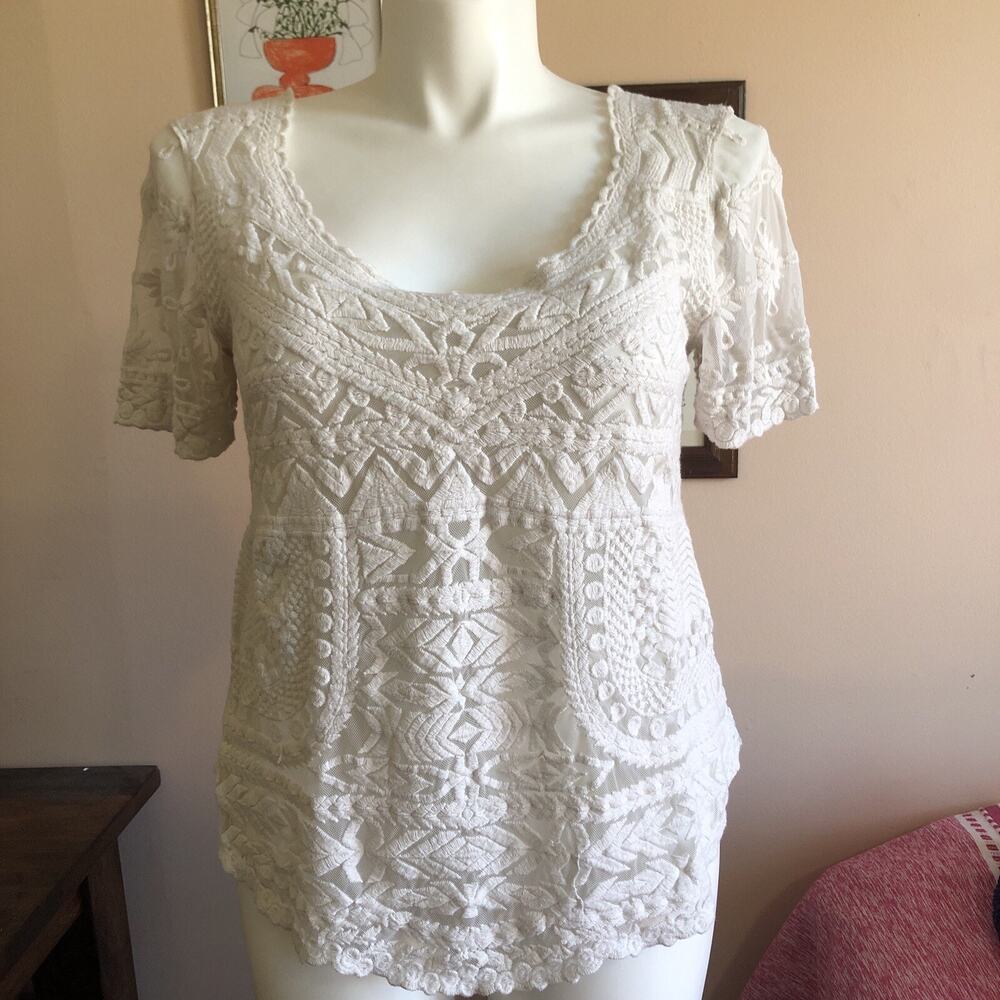 Meadow Rue Blouse XL White Lace See Through Sheer Short Sleeve Scoop Neck